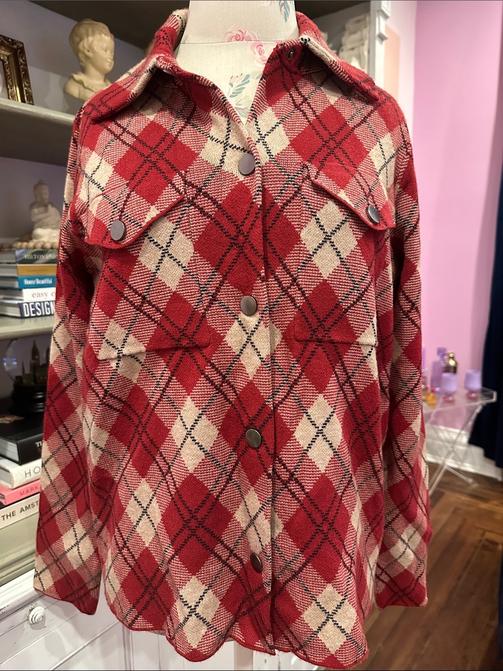 Max Studio Red & Cream Plaid Utility Shacket